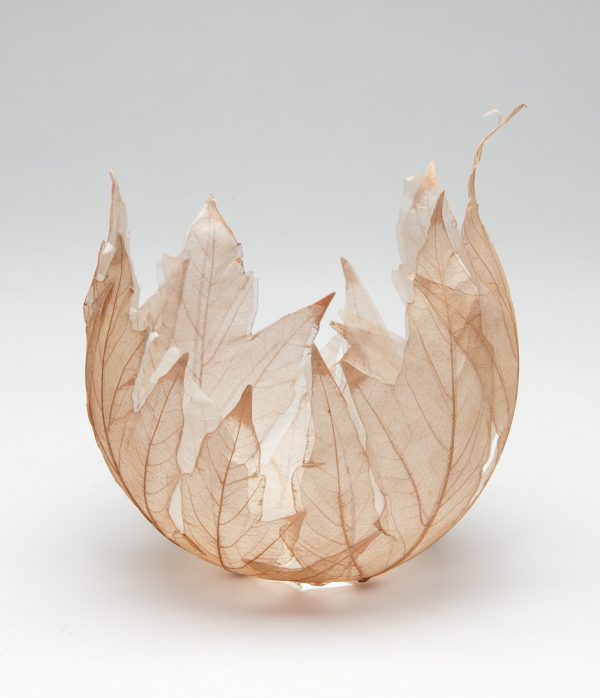 A bowl made of dried maple leaves with a paper liner.