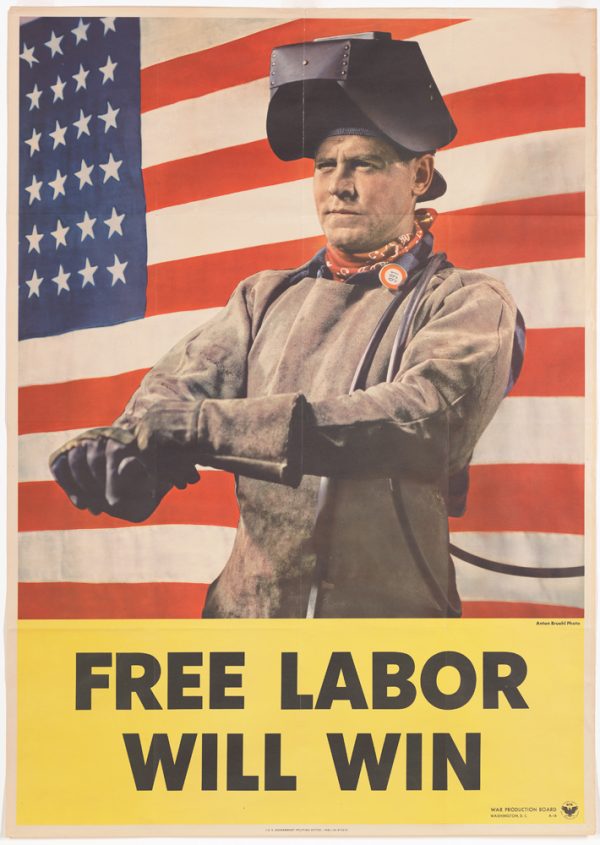 A World War II poster of a welder standing in front of an American Flag with the words below 