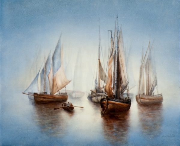 Multiple sailboats together, with two people in one rowboat.