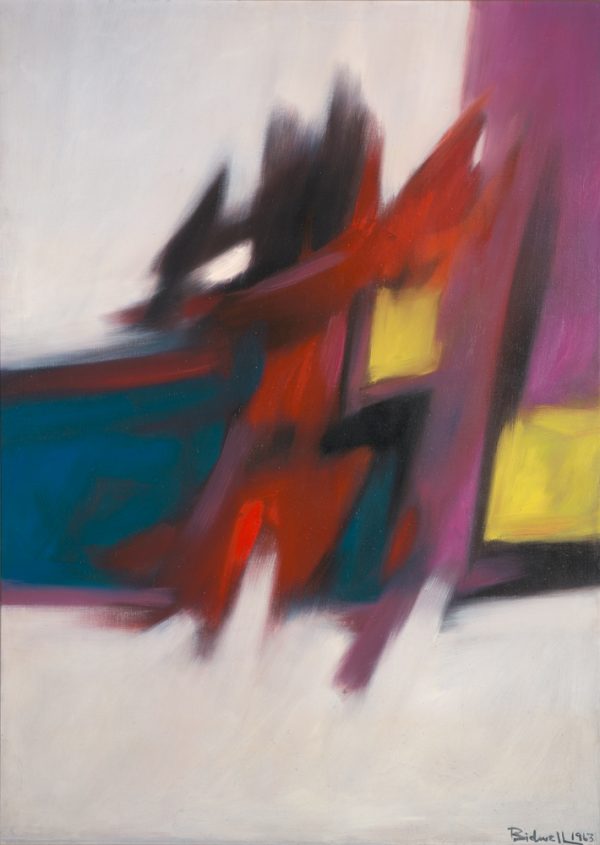 An abstraction in teal, red, pink and yellow