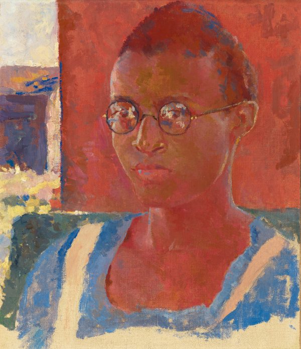 Sitter is a woman with round glasses and blue dress. Her skin color is the same red shade as the background.