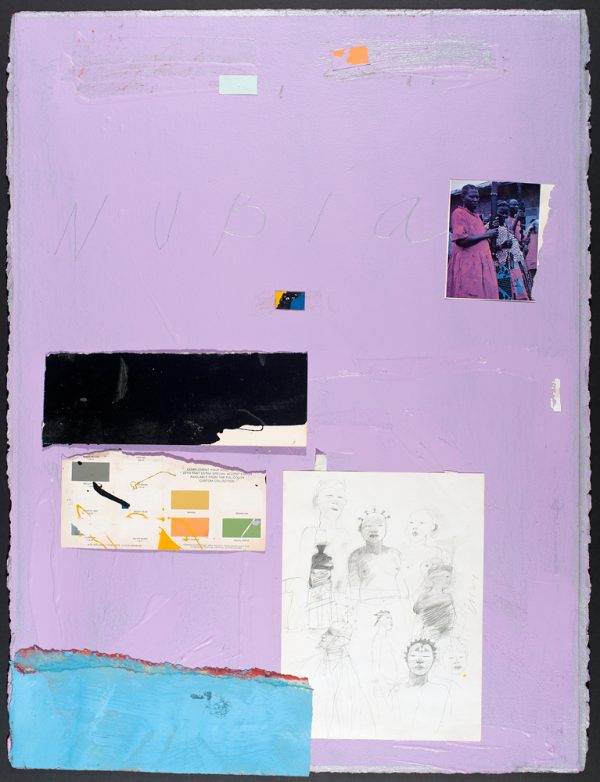On a purple background is the word NUBia in penci. On the right side there is a photo and a drawing of Africans, a blue painted paper in lower left, a color chart above and a black painted paper at center.