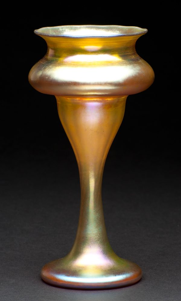 shape #243, A vase that has a medium rounded foot, narrow stem and rounded double bowl, ending with a dark rimmed lip.