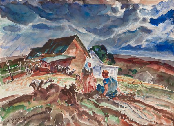A man, woman and child are on a small hill looking toward a farm with goats and stormy sky in the distance.