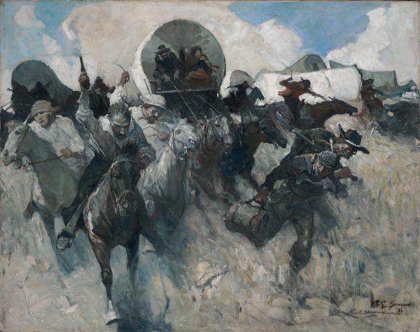 The Oklahoma Land Rush is represented by men on horses with gun in the air, a covered wagon train and men on foot carrying a bag and tools. 
From the book 