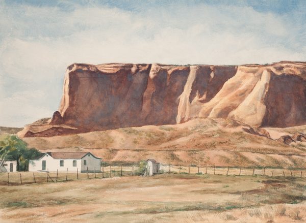 A summer landscape of a mesa and a white farm house and out buildings lower left. A road separates the formation and the farm.