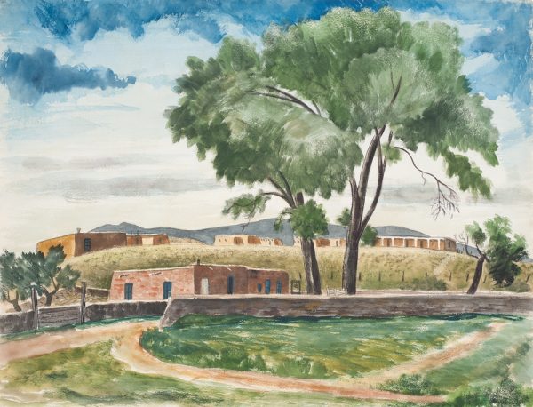 A village of adobe buildings, in a summer landscape, spans across the lower one third. The sky, making up the upper two-thirds of the painting is horizontally shaded in gray closest to the horizon and blue closest to the upper margins. The trunks of two trees, lower right of center, spring up behind a road with rock walls. The treetops fill the center and the right.