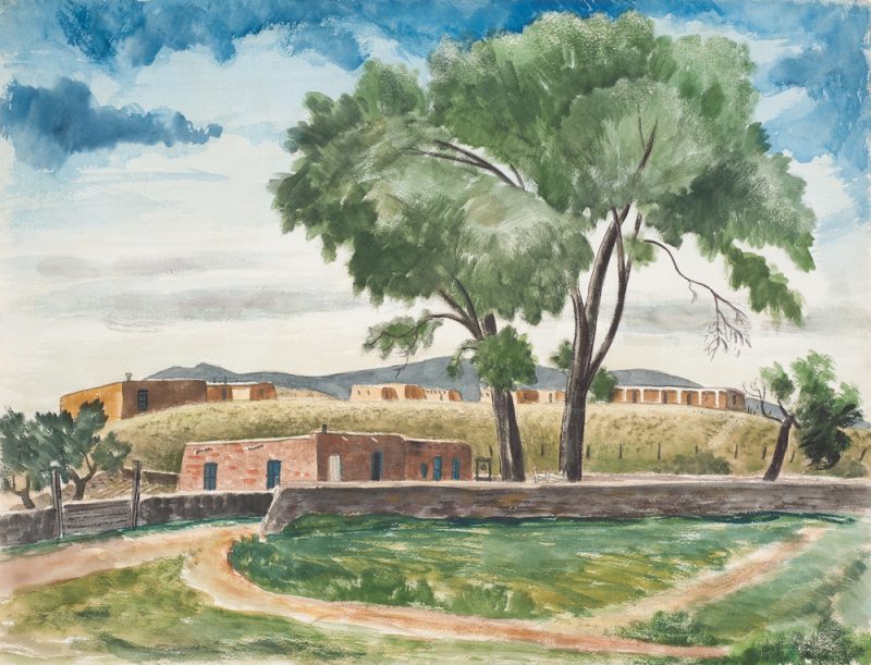 A village of adobe buildings, in a summer landscape, spans across the lower one third. The sky, making up the upper two-thirds of the painting is horizontally shaded in gray closest to the horizon and blue closest to the upper margins. The trunks of two trees, lower right of center, spring up behind a road with rock walls. The treetops fill the center and the right.
