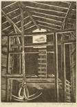 View of a hay loft with a tool to lift hay, hanging from a pulley, to left of center.