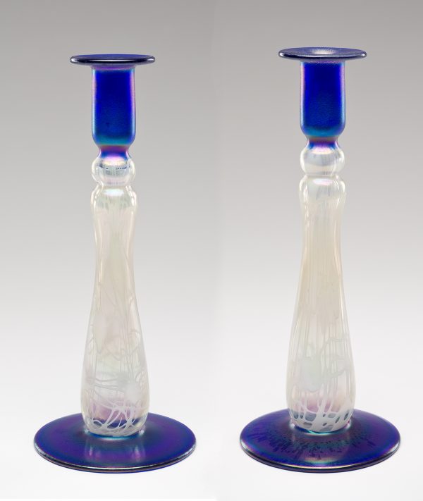 Blown glass with blue foot and holder, clear with frosted design on stem