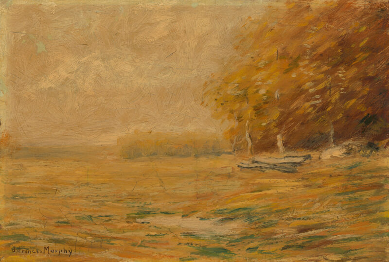 A golden beach scene with water on the left and on the right the beach with boats and trees.