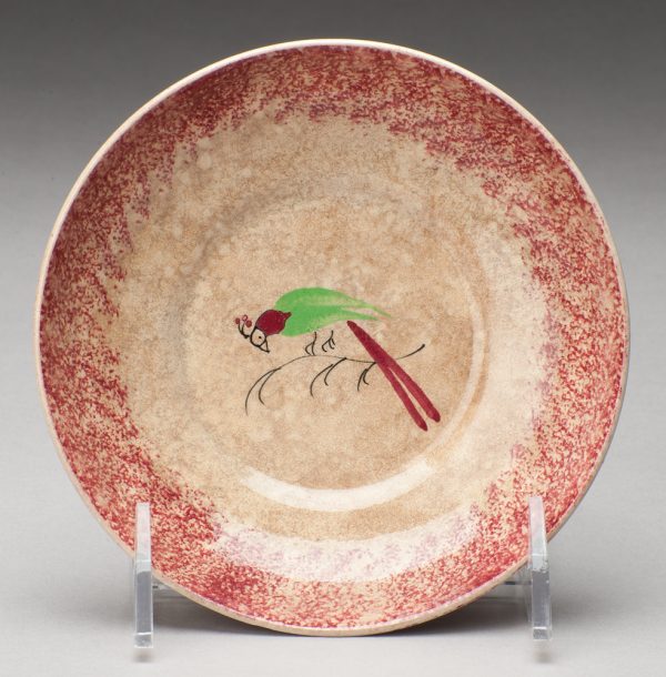 Spatterware dish,  red with red/green parrot.