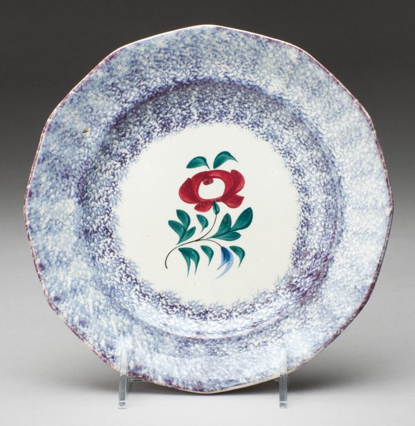 Spatterware plate in the Rose pattern, blue with red rose and blue cornflower, green leaves