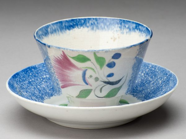 Spatterware cup, blue with red thistle and blue cornflowers.
