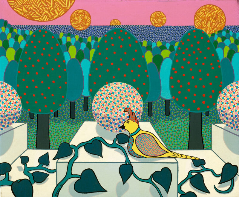 A yellow bird sits on a table surrounded by ivy. In the background are round, decorative trees with a pink sky.