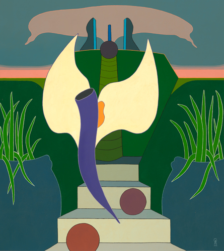A stylized butterfly floats over an abstracted garden of steps and green plants.