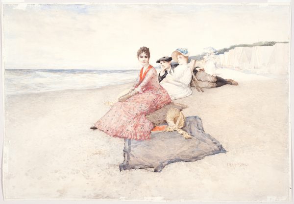 Two women and a man are sitting on a beach. The center woman in a red dress looks directly at the viewer. The other woman looks out to sea and the man lays on his side.
