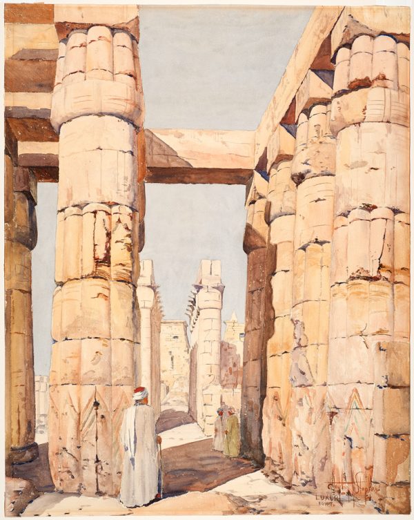 Three figures in a colonnade of Egyptian ruins.