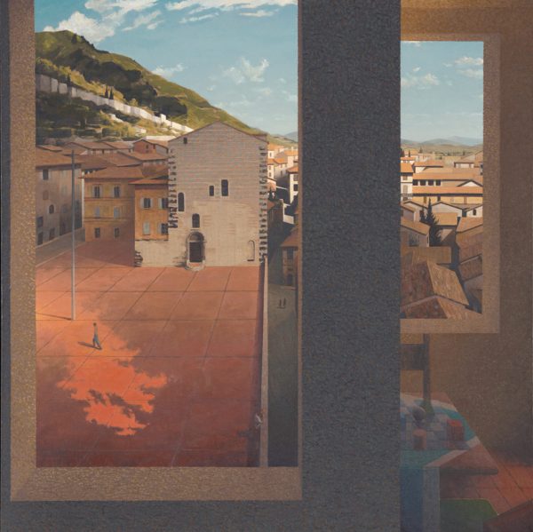 View of a courtyard through a window. An Italian town is in the background. A table with geometric objects is on the right. The painting is on unprimed linen.