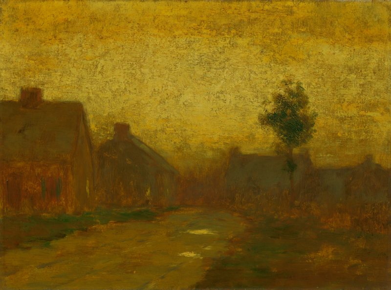 A road leads to several buildings and one tree. The sky is a hazy yellow.