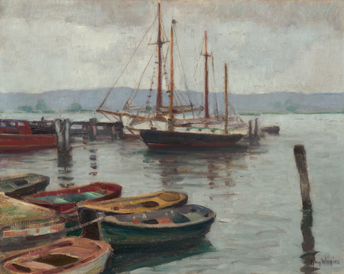A harbor scene with row boats at a dock, in foreground and boats with masts in the middle ground.
