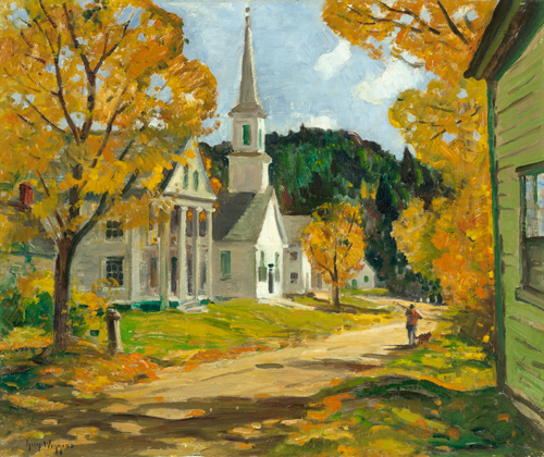 An autumn scene of a white church with steeple and a figure with dog walking down the road that runs from lower left to center right. The edge of a green building is on the right.