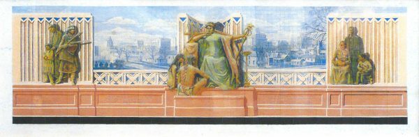 A prepratory sketch for a mural in the Federal Building and U.S. Courthouse, Kansas City, KS. Each panel is executed in faux blue-and-white creamic tile and illusionistic terra cotta sculpture. As a pair the panels depict the conflicts between Native Americans and the farmers who settled Kansas in the late nineteeth century.
