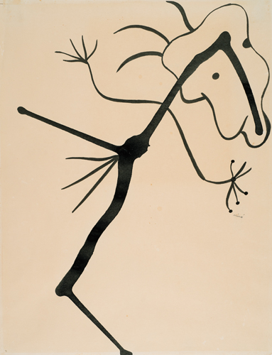 An abstracted figure or bird made with a bold center line and lighter lines for arms and fingers. Three lines at the head and tail may be feathers.