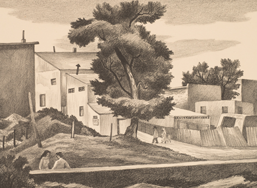 A couple stands behind a wall in the foreground and another couple, with a child, walk down a road, toward a town. A tall tree stands in the center.