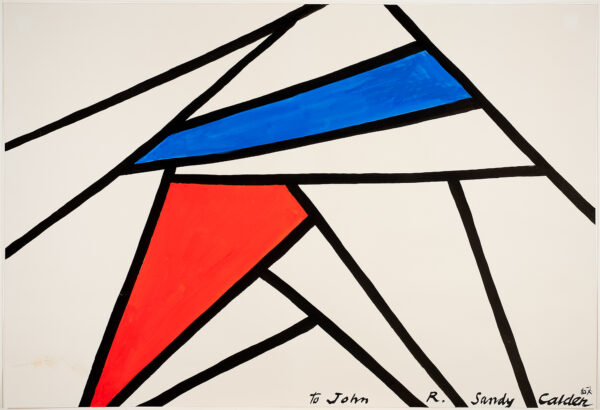An abstraction of bold black lines. One area is painted blue and another orange/red.