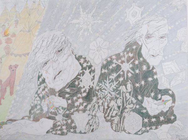 An older couple sit on the ground wearing robes that have white snowflake designs on dark backgrounds. More snowflakes are drawn on the background directly behind the figures. One knits and the other is holding a small object. At the left, in the background are multiple teepees around a fire. A dog looks with curiosity toward the couple. The drawing refers to the Native American philosophy of allowing older members of the tribe to go away from the community to die.