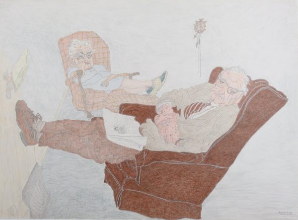 An older couple are taking a nap on their two recliners. He has a folded newspaper on his lap. There is a cuckoo clock on the wall behind them.
