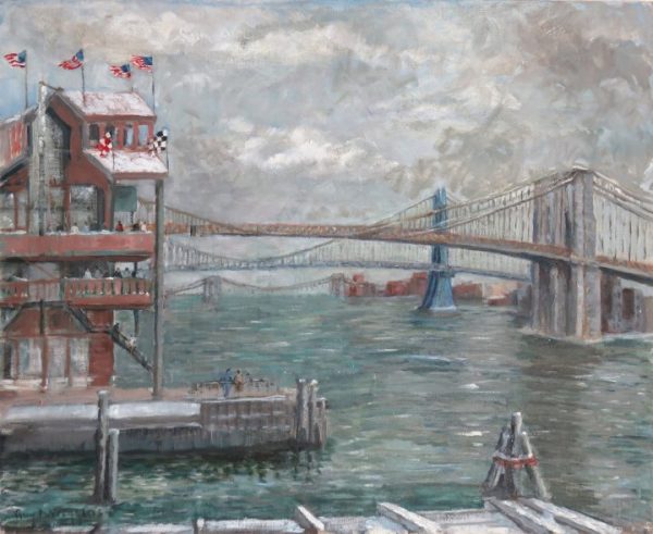 A view of a harbor that includes three bridges in the distance and a pier with a several story building on the left. The building has multiple flags flying.