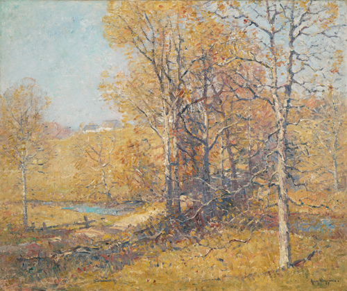 A landscape in fall colors, of trees on the right half and a stream that runs horizontally, with a raised road that crosses the stream, at the center of the painting. In the distance are several buildings.