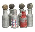 Set of six metal bottles and 4 balls. Some bottles have traces of paint
