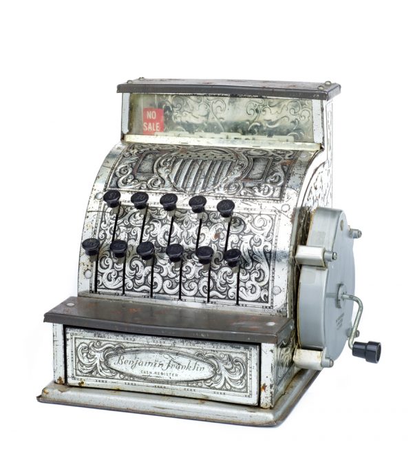A toy cash register that rings. When you turn the handle there is a voice recording that says 
