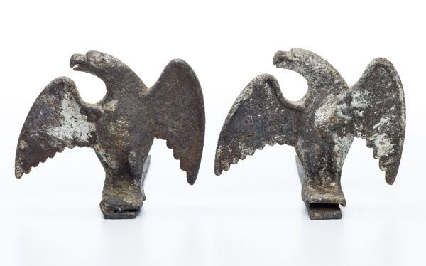Andirons of a pair of eagles with outstretched wings, heads turned left.