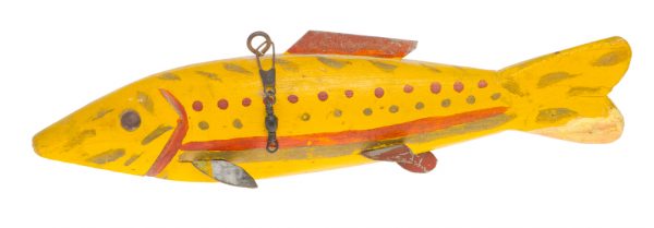 Yellow fishing lure with dark red fins, red and gray spots and stripes along the body.