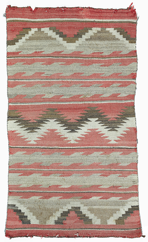 Red ground with red, light gray and dark brown horizontal bands of stepped triangles.