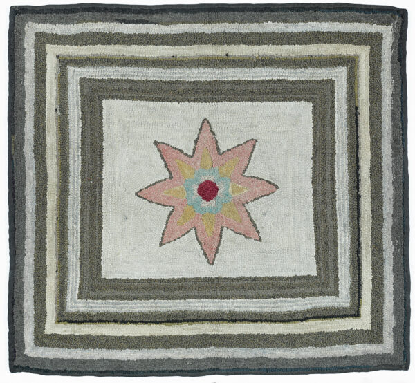A 8-point star in peach coler with gray, white and red center, on a white field. There are muliple borders alternating with dark and light, ending in black.