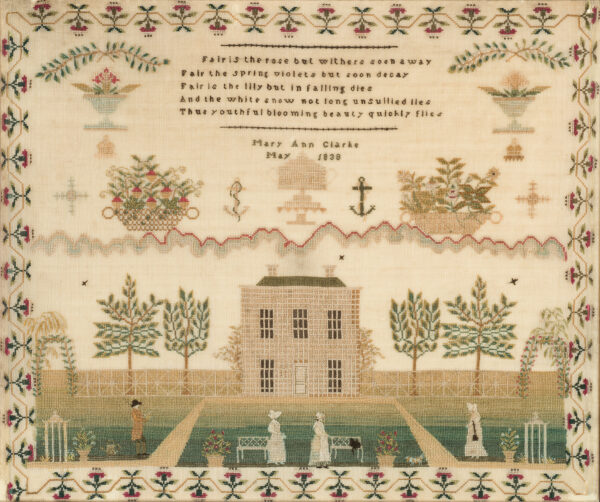 The verse is flanked by green branches, flower vases and crowns. There are baskets, a manor house with fence and trees. In the foreground are three ladies, a gentleman and pets in a garden.
