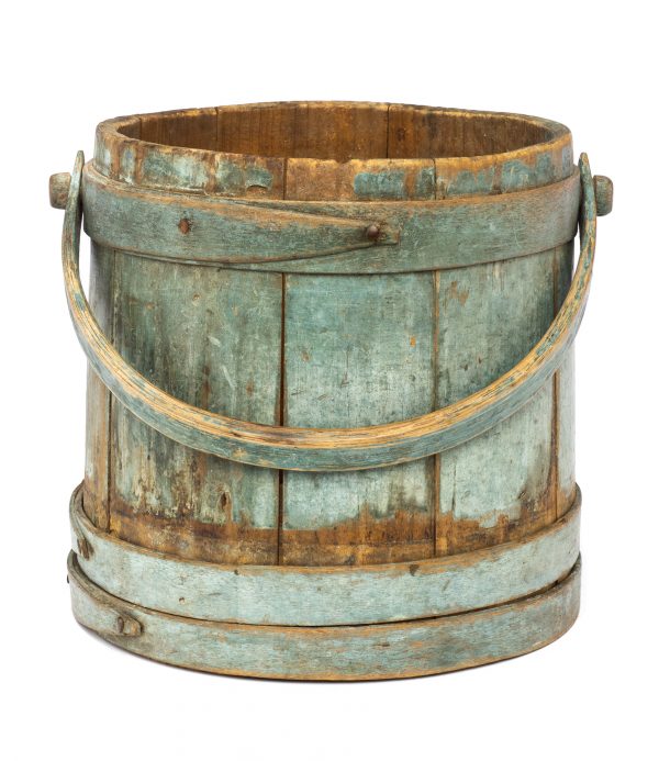 Round wood bucket without lid and bent wood handle in blue.