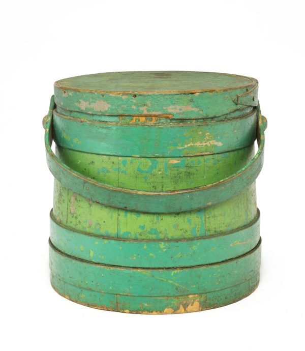 A round wood bucket with lid and bent wood handle in in teal and green.