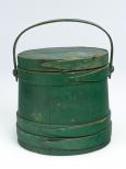 Round wood box with lid and bent wood handle in dark green
