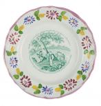 The plate is rimmed with  red luster flowers with green leaves. The center is a green transfer scene of woodcutters and a water well. Around the center are several “words of advice”