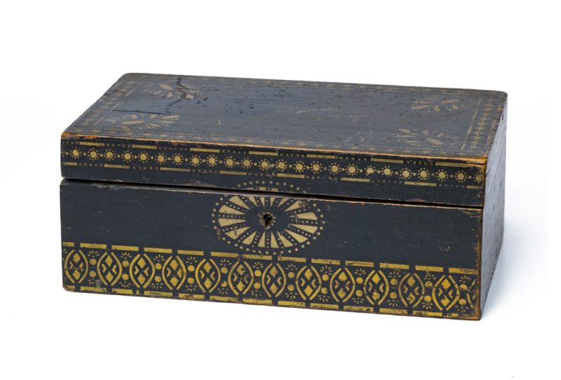 Dark green box with gold stencil decoration. The interior is a bright yellow paper.