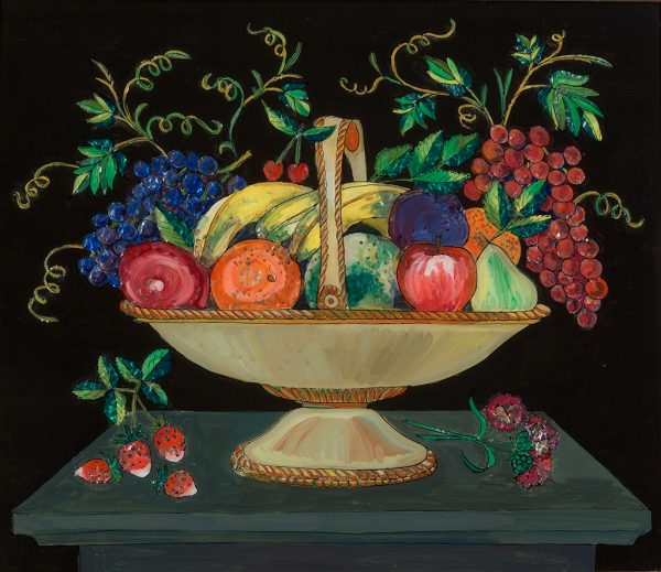 A tinsel painting of a multi colored bowl of fruit. 
Tinsel paintings are reverse paintings on glass with smooth or crumpled metallic foil applied behind translucent and transparent areas; when viewed in candlelight or gaslight, the effect was one of shimmering highlights.