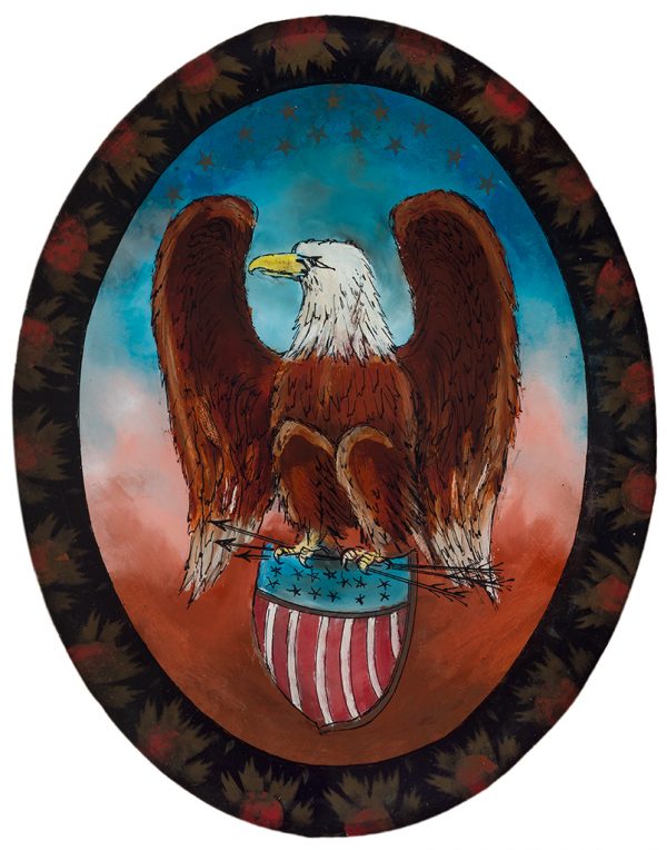 Painting on glass of eagle perched on a shield. On June 20, 1782, the bald eagle became the national symbol of the newly established United States of America with the adoption of the Great Seal. The process of designing the seal had taken six years, and once it was ratified, the eagle and shield became one of the most popular images in American decorative arts. This painting is dated by the six point star motif had been replaced by five-pointed stars later in the nineteenth century.