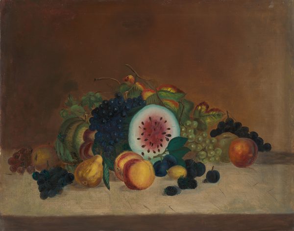 A still life of fruit, watermelon at center, peaches at front.