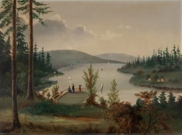 Scene along the Willamette River at the Champole Park with a lookout where three people are admiring the prospect. There are some sail boats and one steamer. Houses on the bank.
